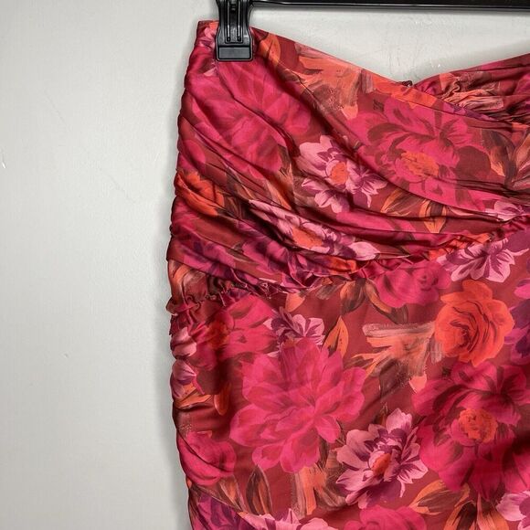 FOR LOVE & LEMONS Alia Mini Skirt Women Small Pink Red Floral Ruffle Trim Ruched - Picture 4 of 10